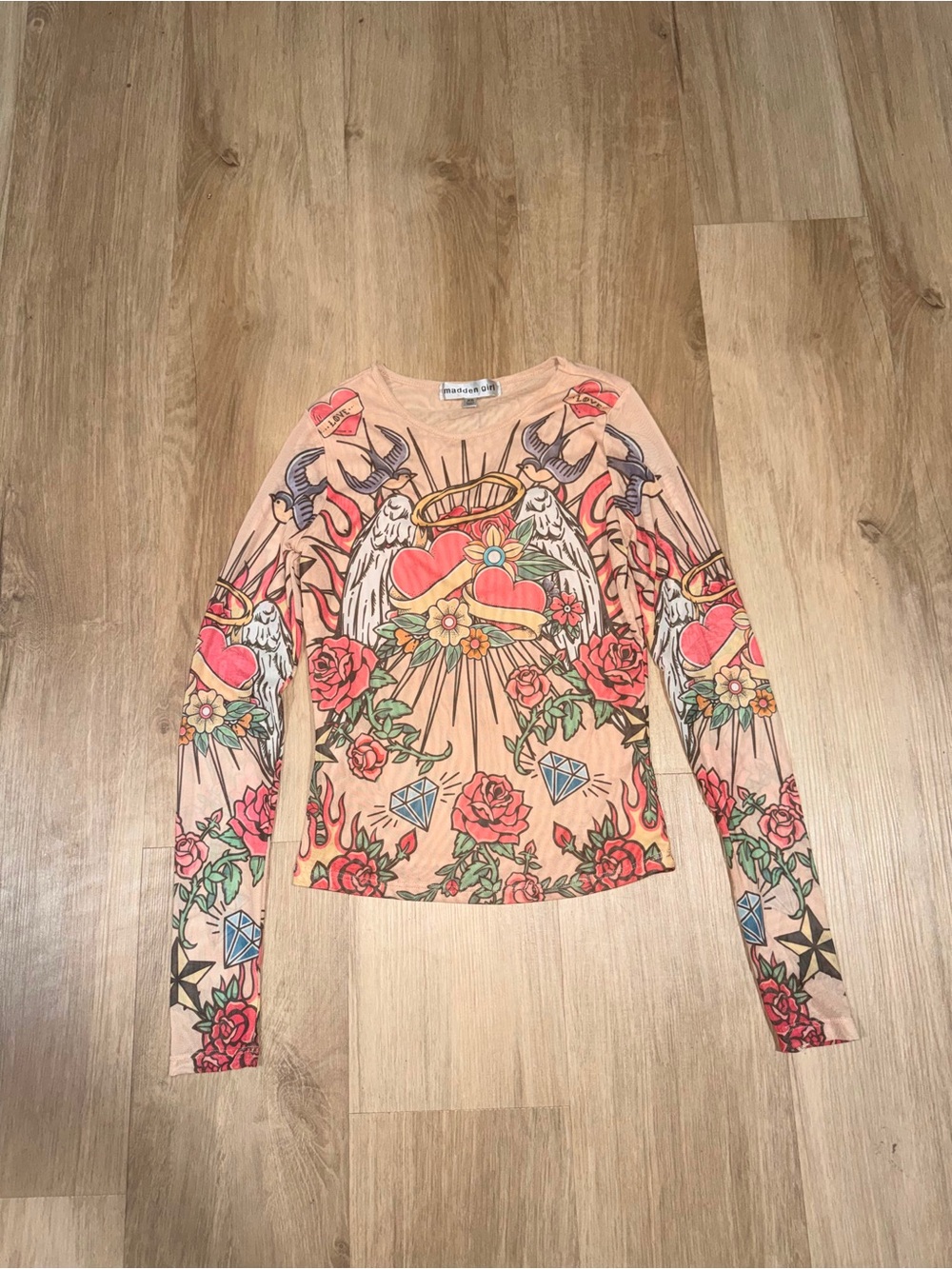 Madden Girl Peach Long Sleeve Top with Floral & Tattoo-Style Print